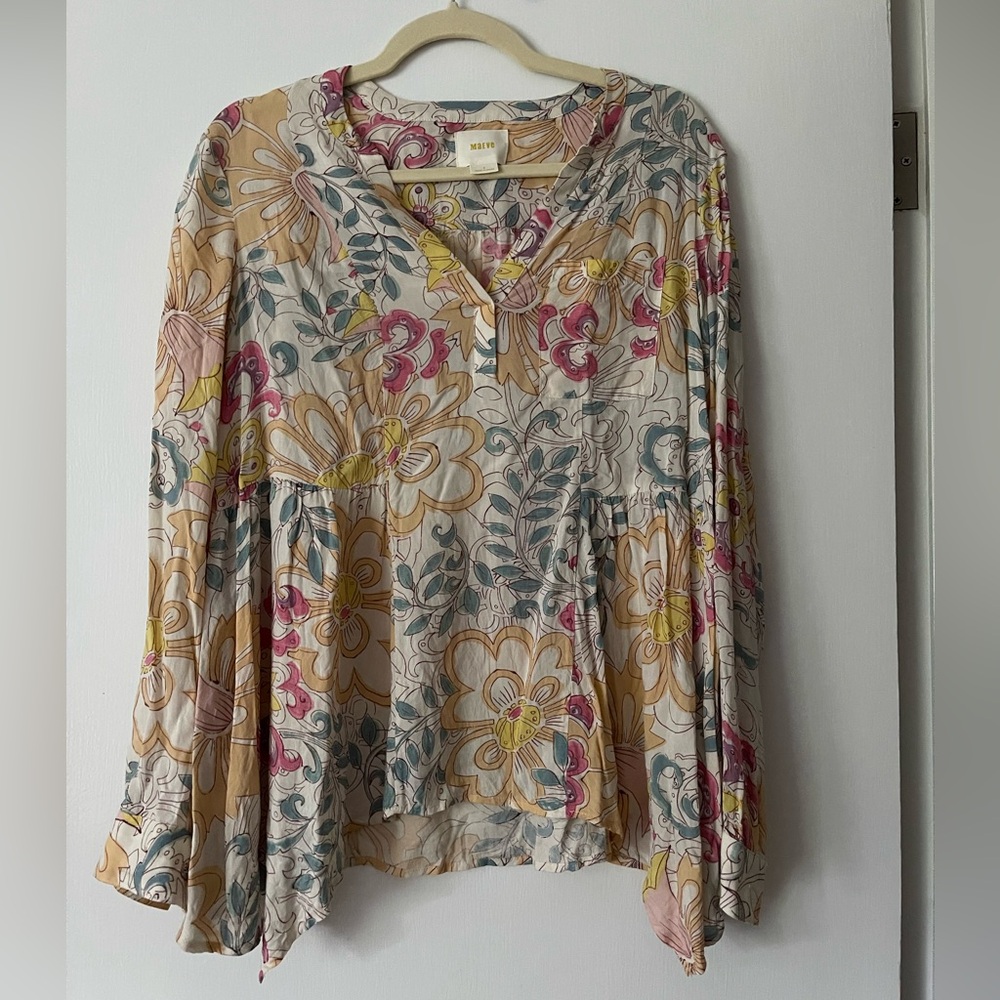 Maeve Cream Polo Collar Blouse with Graphic Floral Print